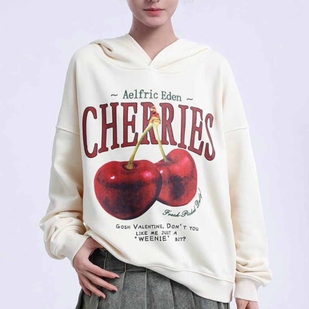 Aelfric Eden Cream Hoodie with Red Cherry Graphic